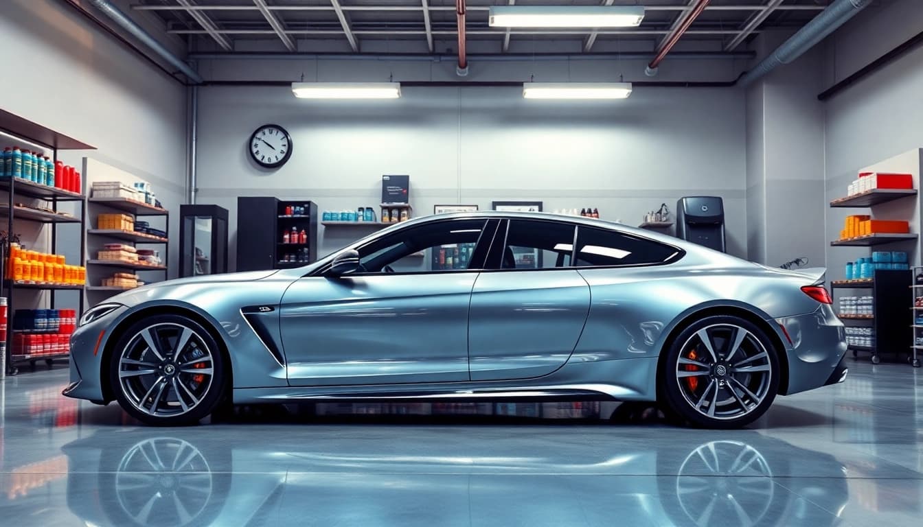 Car showcasing PPF Chattanooga with an immaculate finish in a well-lit auto detail shop.