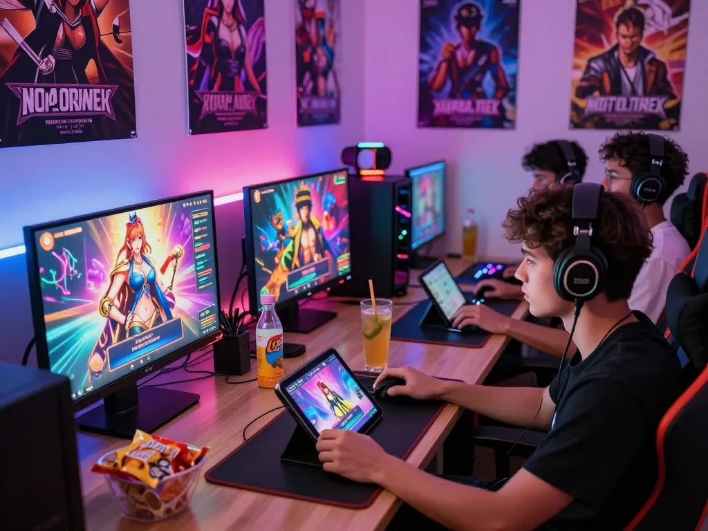 Players enjoying an interactive sex game on multiple devices in a vibrant gaming setup, showcasing immersive gameplay.
