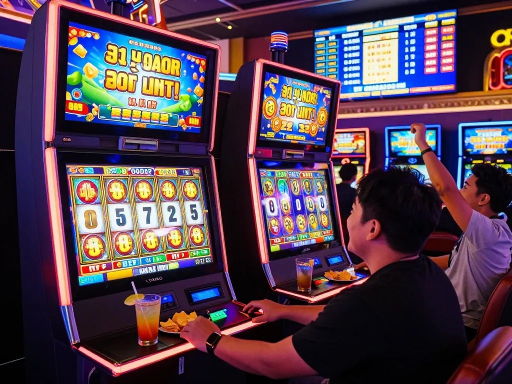 Pemain menikmati slot gacor hari ini dengan tampilan digital yang cerah dalam suasana kasino yang ramai.