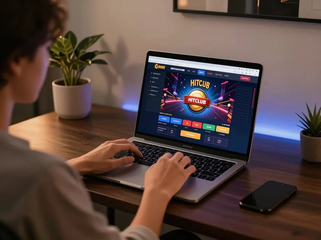 Engaging gameplay on HITCLUB highlighted on laptop, cozy home atmosphere with modern décor.