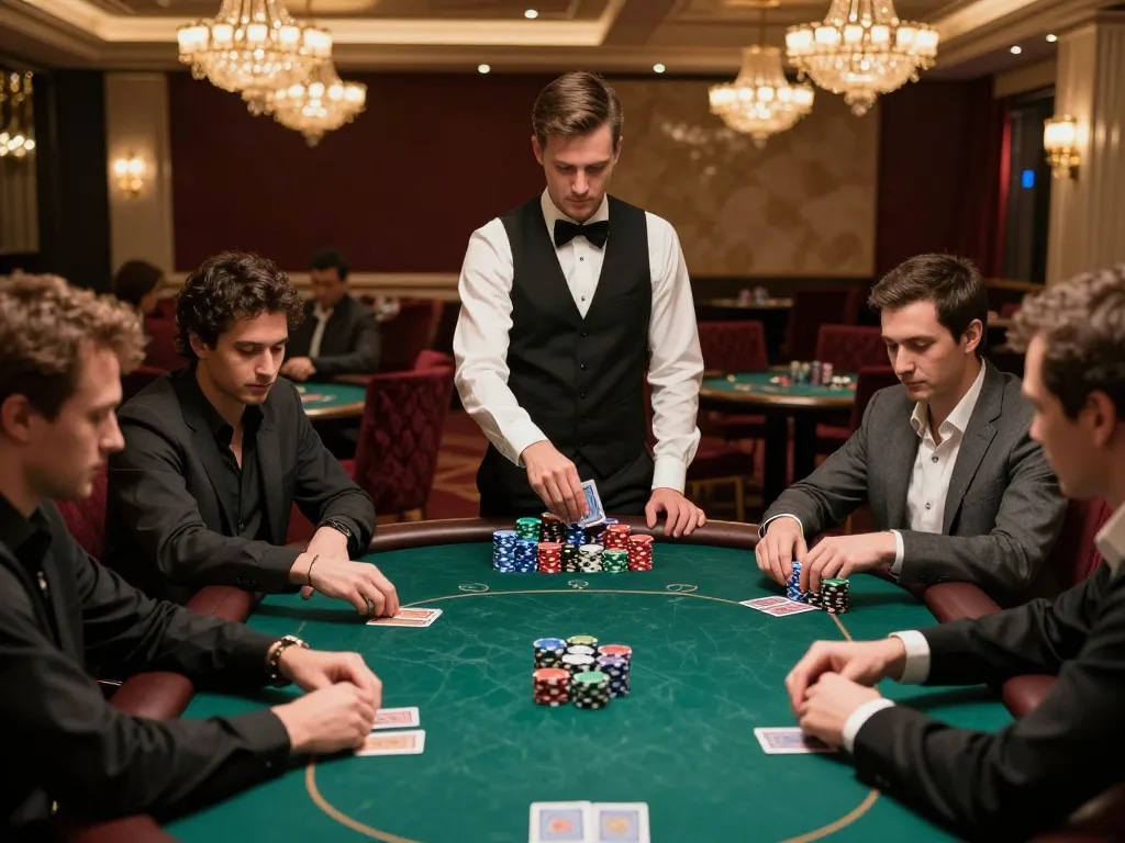 hubet players engaged in high-stakes poker at a luxurious casino table with strategically stacked chips.