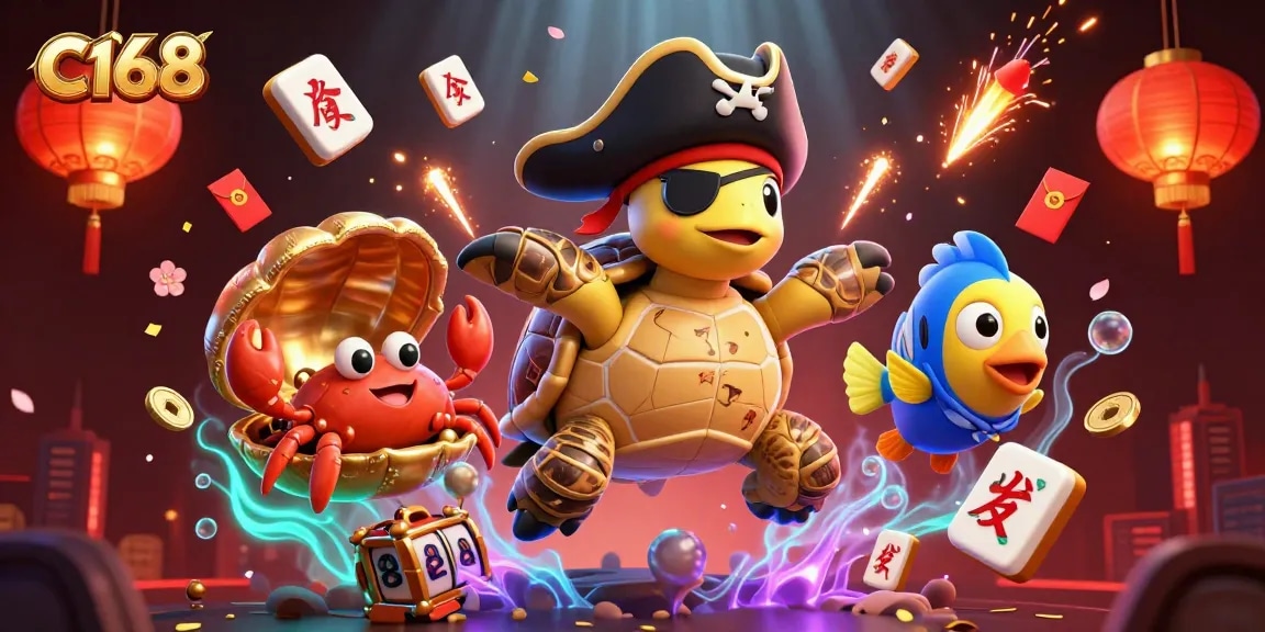 C168 empowers players with vibrant slot gameplay featuring a pirate turtle amidst rich casino elements.