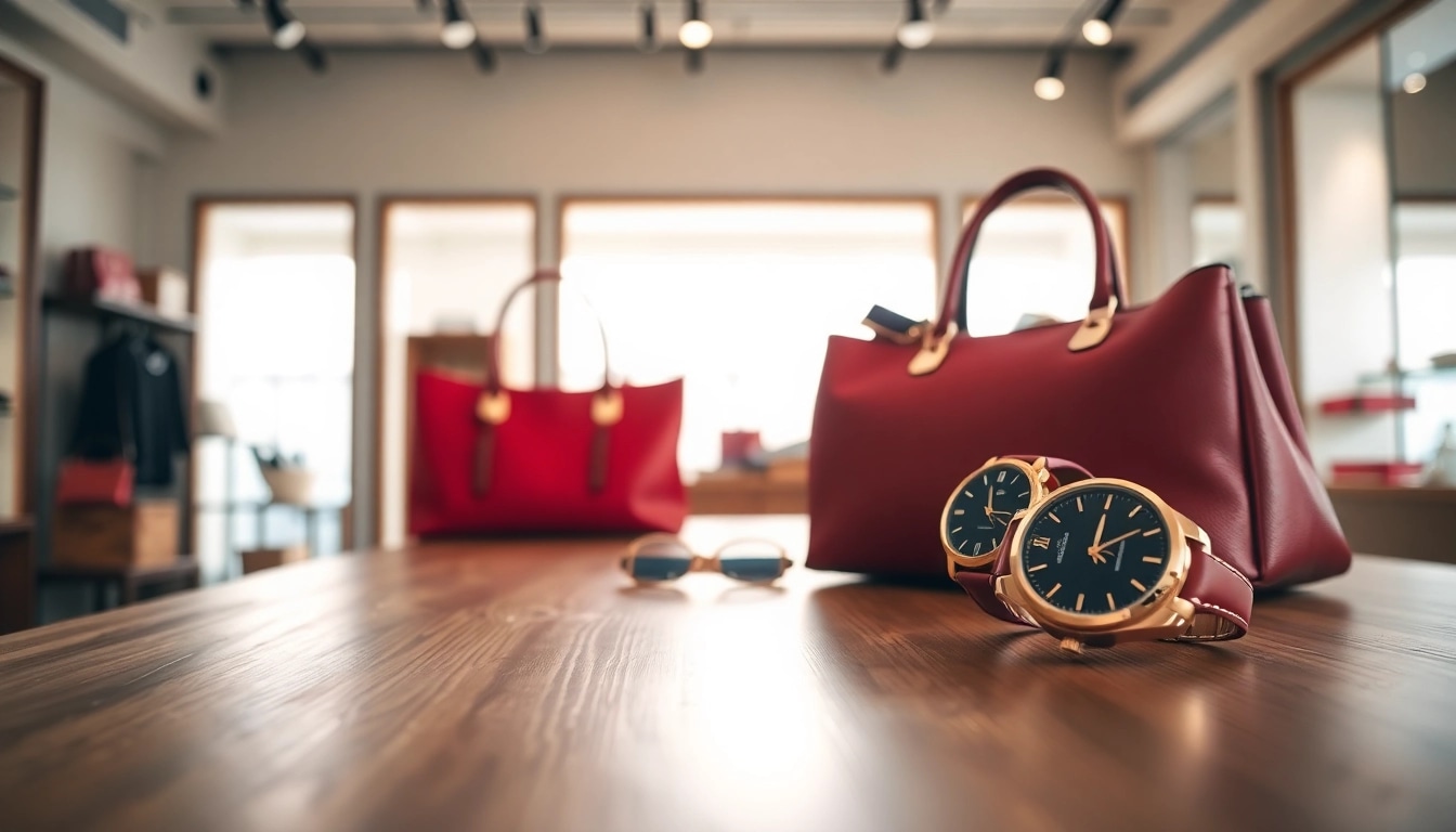 명품 이미테이션 고급 핸드백과 시계가 자연광 아래 세련되게 배치된 사진