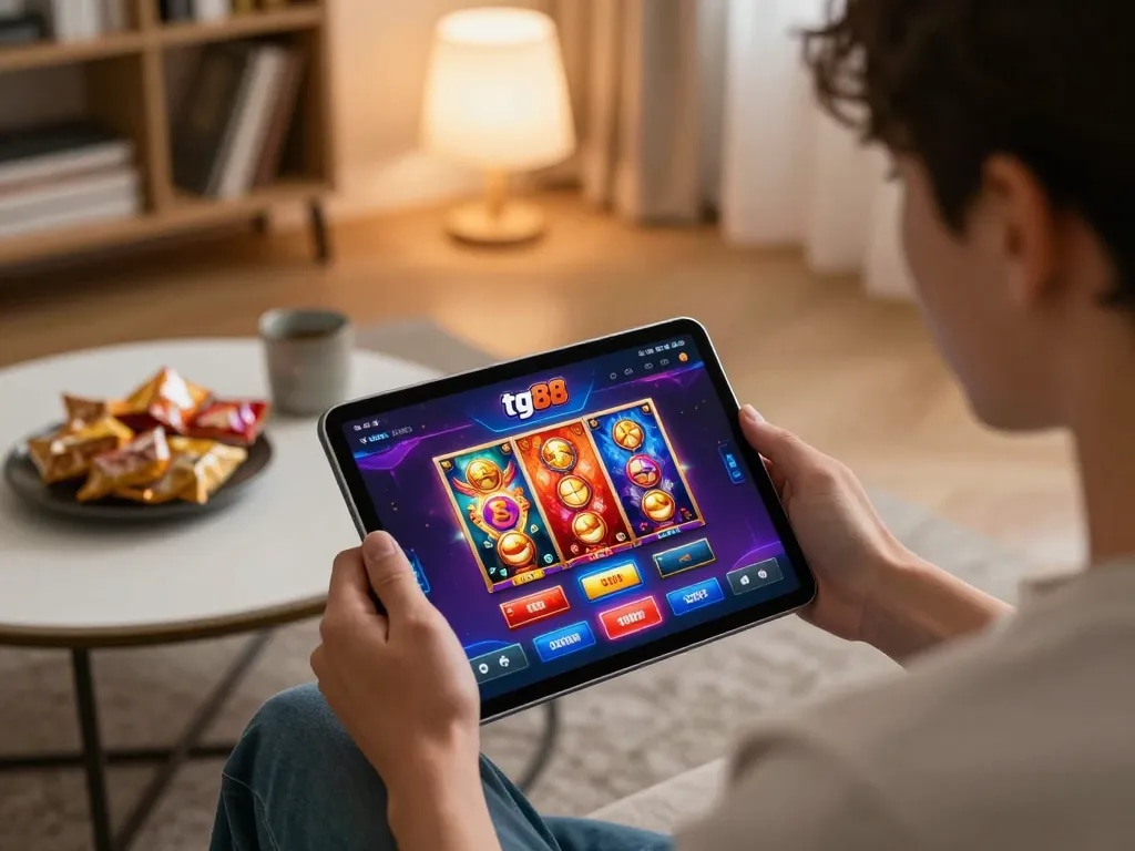Player navigating the tg88 app for online casino games in a cozy home setting, emphasizing convenience and strategy.