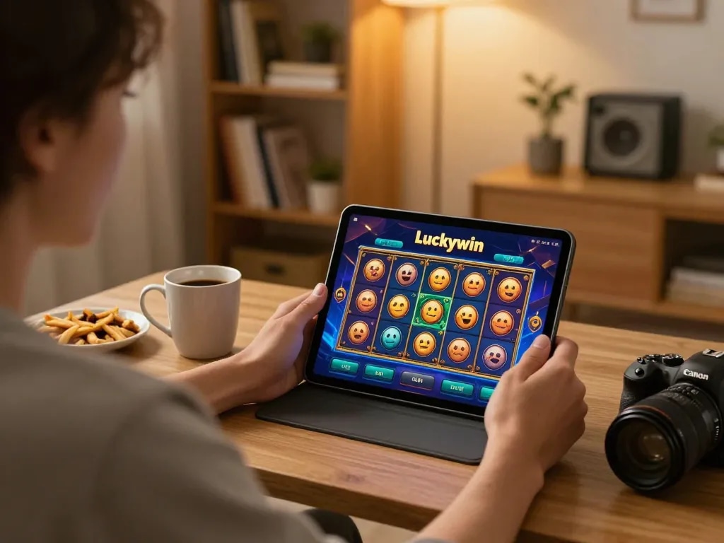 Player enjoying Luckywin app on tablet at home, highlighting online gaming experience