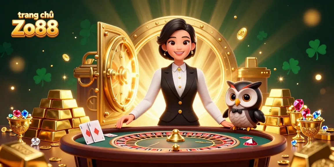 Experience the excitement at trang chủ Zo88 with a captivating 3D casino scene showcasing dealers and rich elements.
