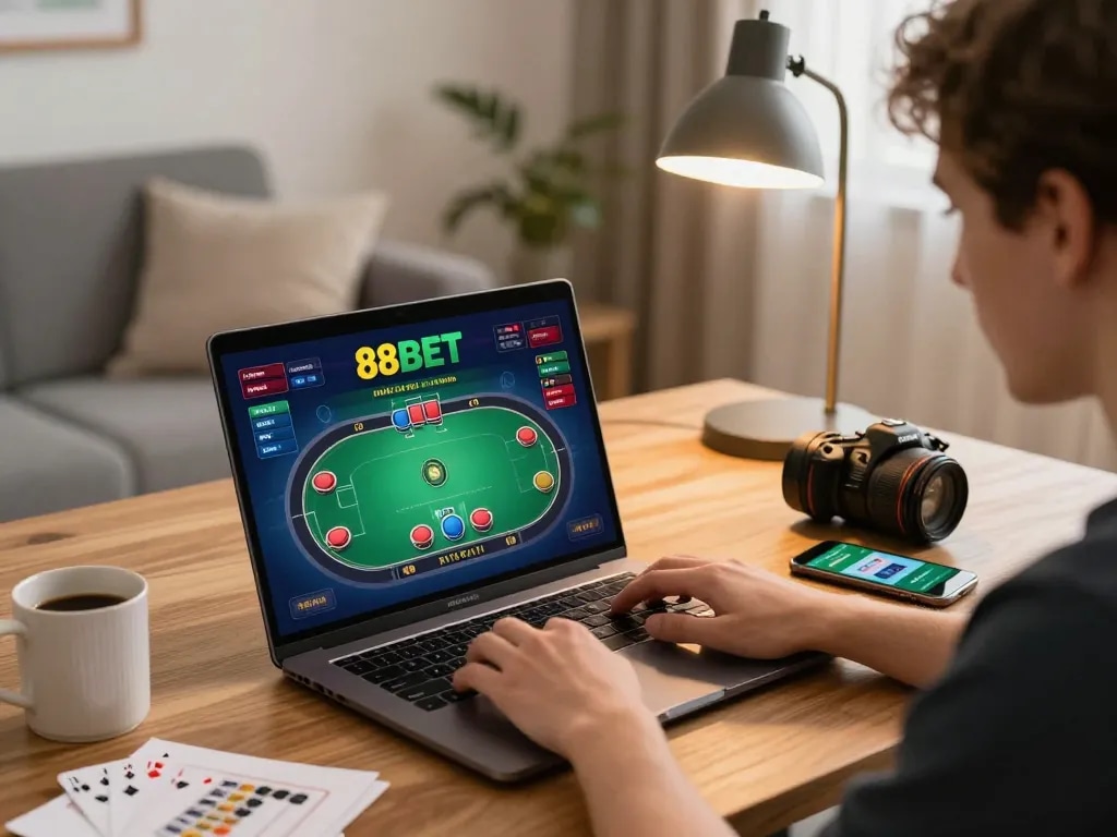 Engaging player at 88BET online poker table using laptop, showcasing strategic gameplay and home comfort.