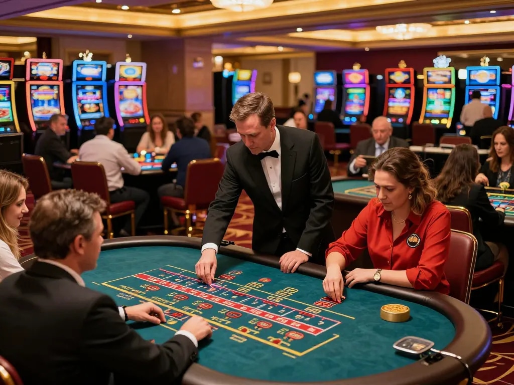 Players engaging in thrilling casino action at 888top, showcasing vibrant game tables and illuminated slots.