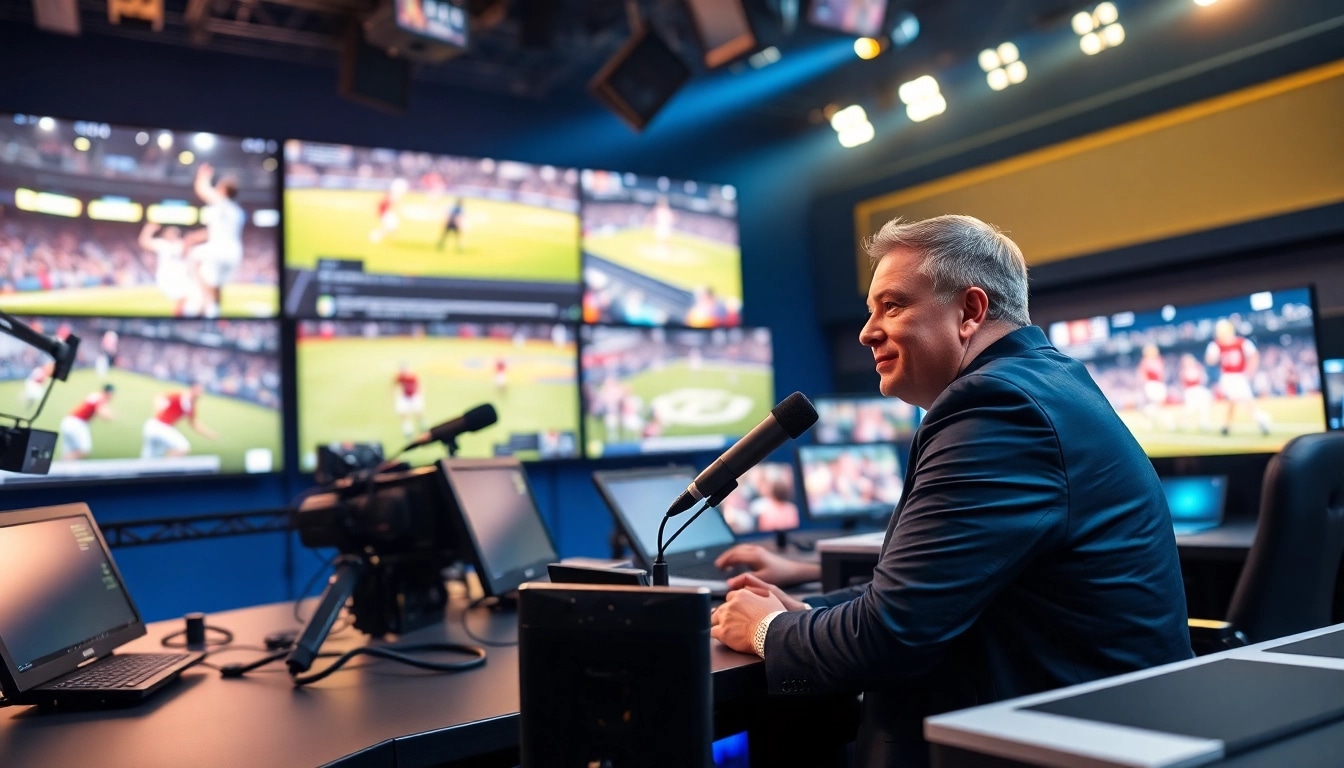 Engaging scene of sports broadcasting highlighting dynamic commentary and vibrant visuals.