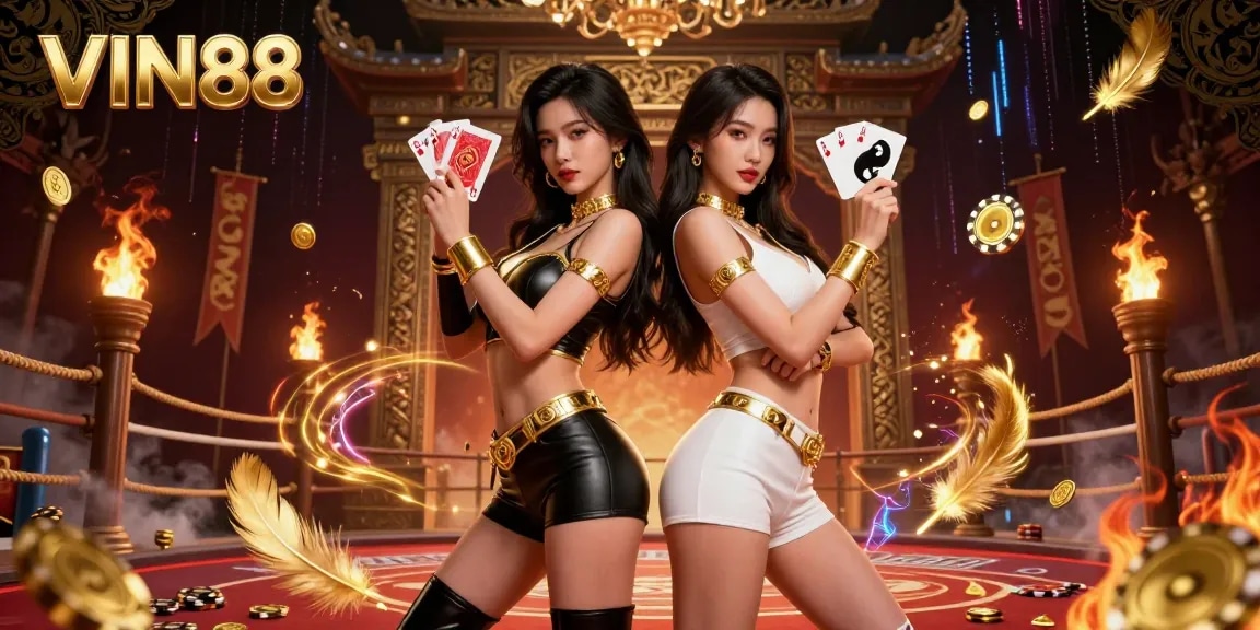 Experience the excitement of VIN88 with stunning Asian women holding poker cards in a rich casino setting.