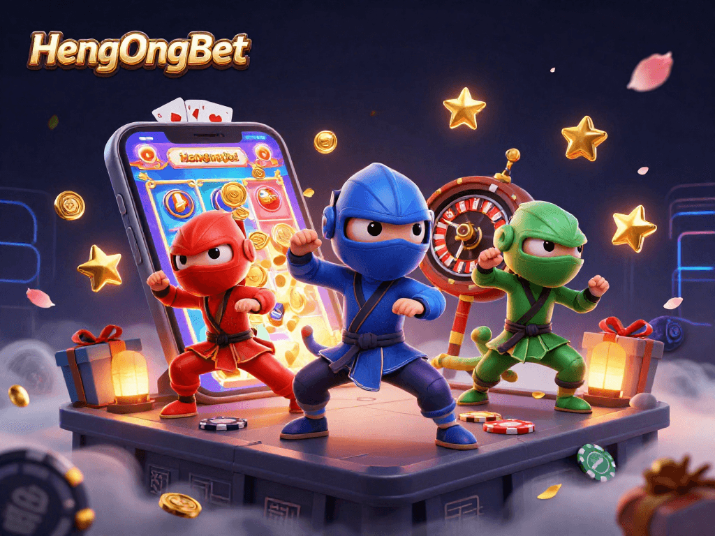 Experience the excitement of HengOngBet with a vibrant 3D ninja chameleon team showcasing dynamic casino games.