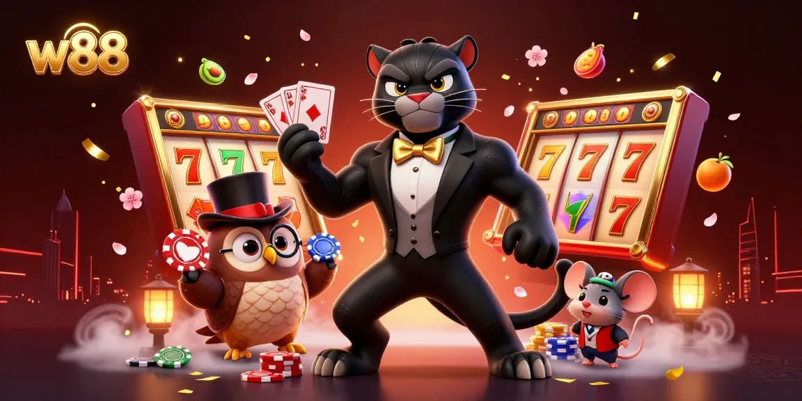 W88 với những chú panther mặc vest sang trọng chia bài trong thế giới Casino ảo đầy màu sắc.