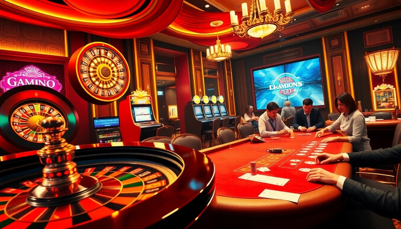 Experience the thrill of 555 win at a luxurious casino, showcasing vibrant slot machines and a roulette wheel.