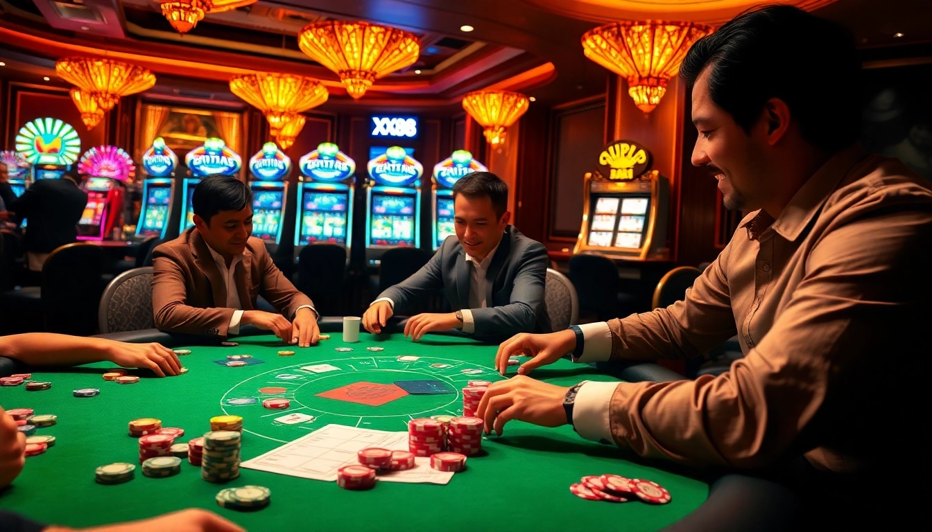 Exciting poker game scene showcasing XX88 COM casino atmosphere filled with vibrant players and high stakes.