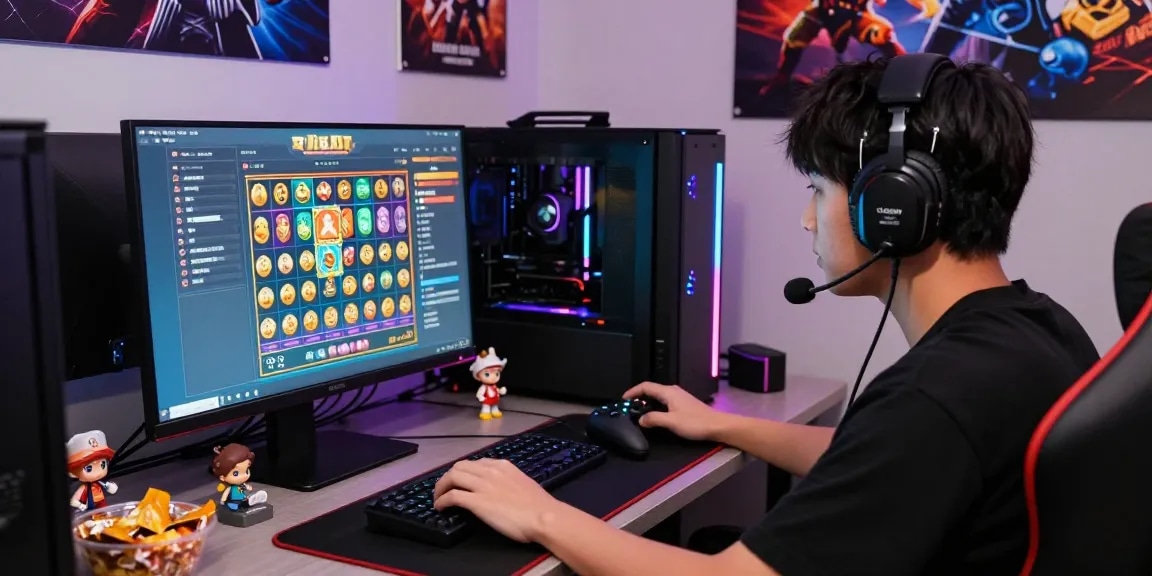 Engaging pajaktoto togel online gaming scene with vibrant graphics and a focused gamer.