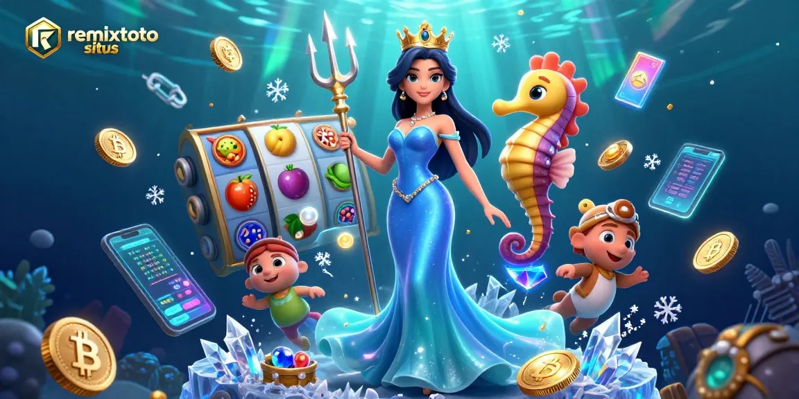 Engage with remixtoto situs through a dynamic underwater scene featuring captivating casino elements and characters.