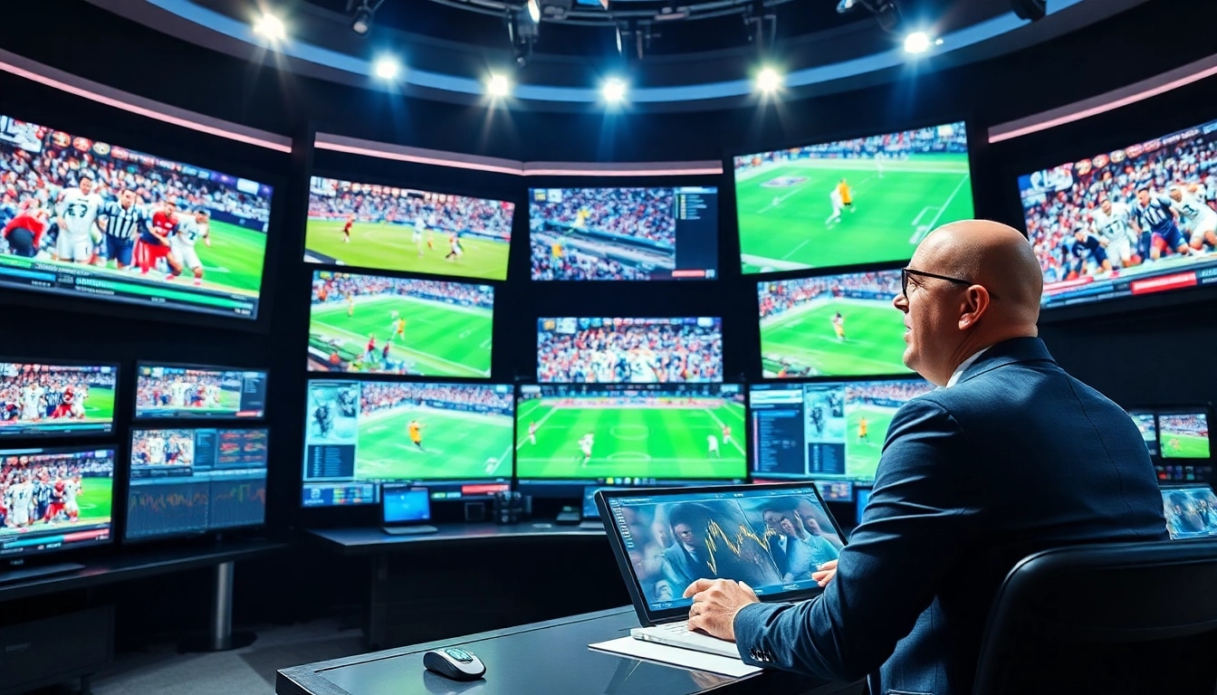 Engaging scene of sports broadcasting with a commentator and live events on screens.