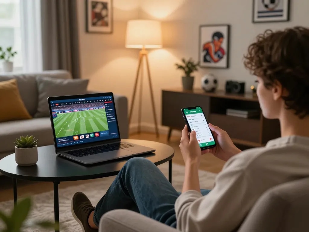 Engaged player with sportsbook app showcasing zx88 betting odds in a cozy living room.