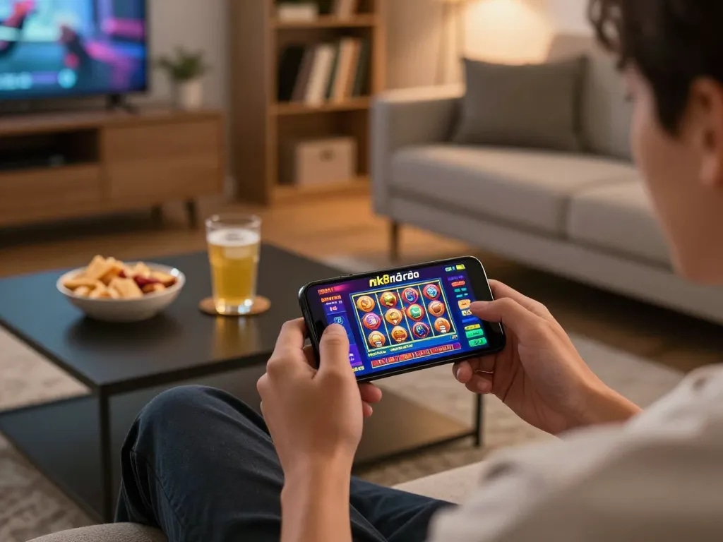 Engaging with nk88 nhà cái app for online gaming in a warm living room setting