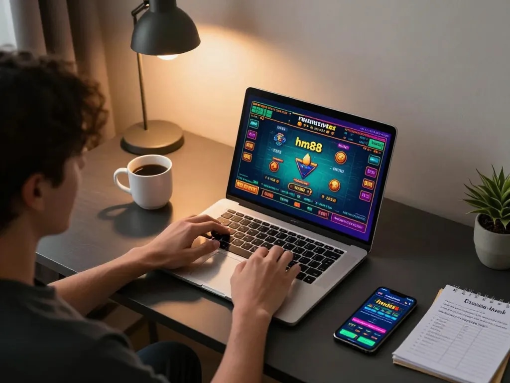 Engaging in hm88 bet on a laptop at home while analyzing betting strategies with a cozy setup.