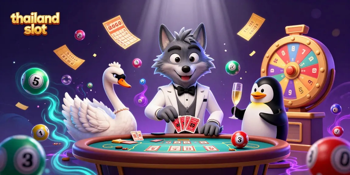 Engage with the dynamic scene of thailand slot featuring a stylish wolf, elegant swan, and sophisticated penguin in a vibrant casino atmosphere.