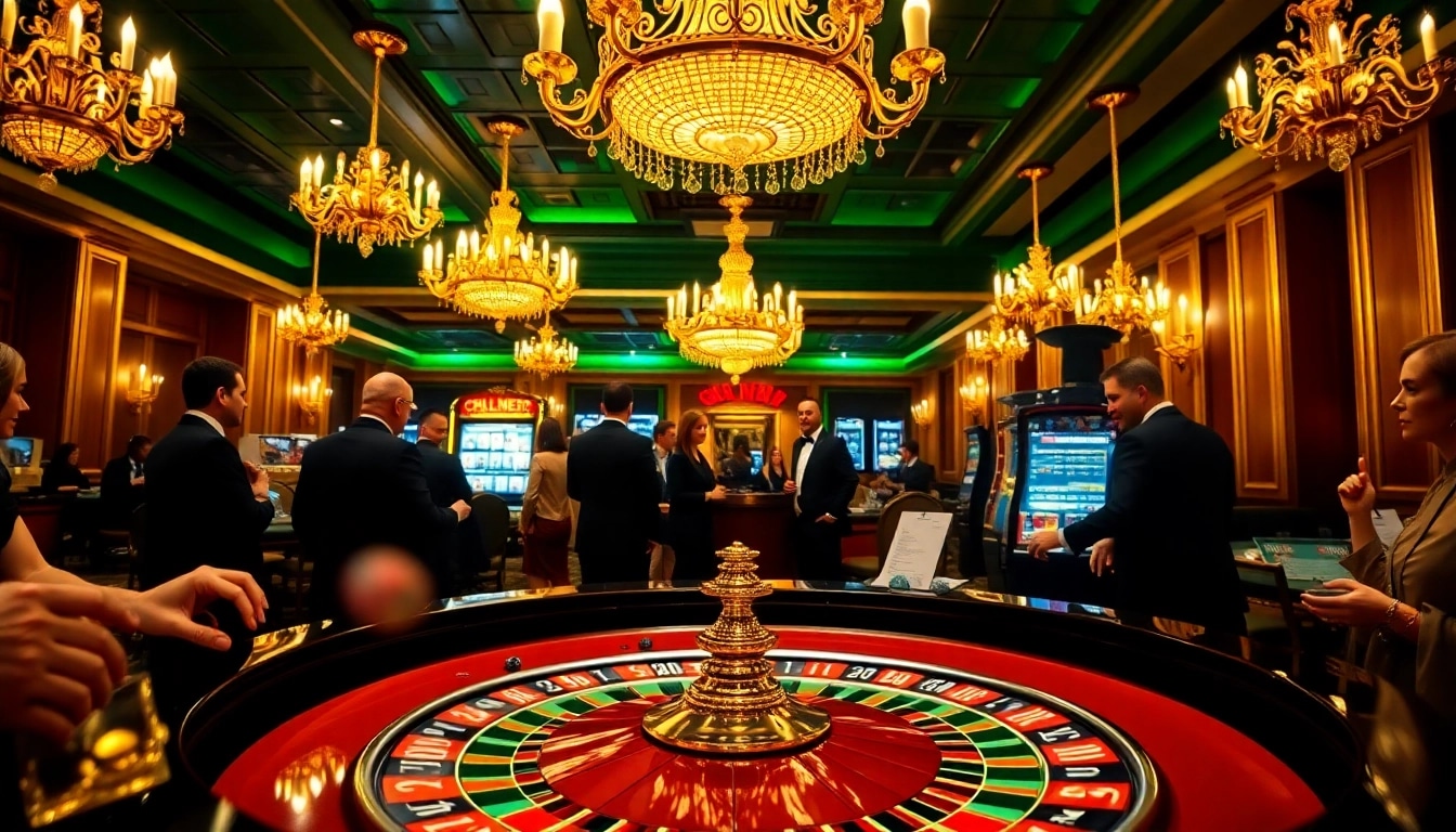 Exciting casino atmosphere with players engaging in luxury138 betting at roulette and slot machines.