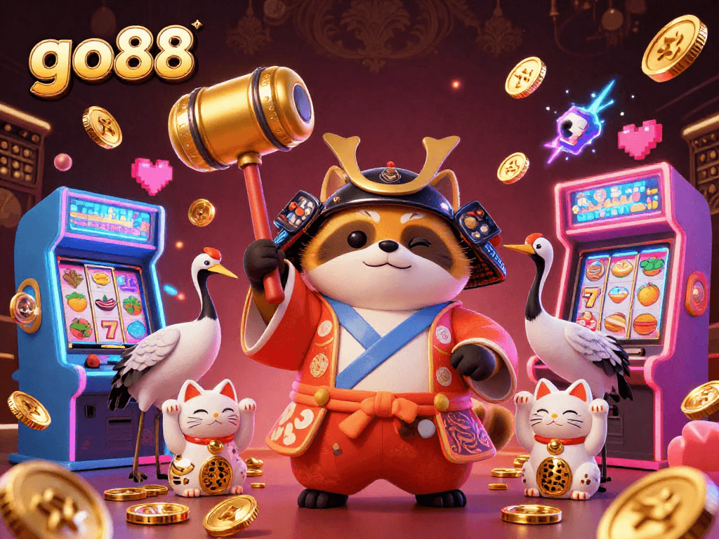 Playing slots with go88 characters in a vibrant 3D casino scene filled with luck and joy.