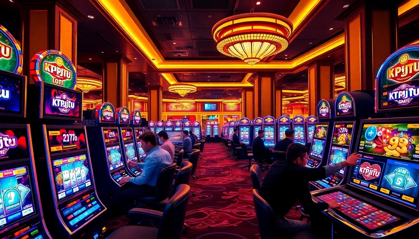 Players experiencing ktpjitu alternatif excitement at luxurious slot machines in a vibrant casino setting.
