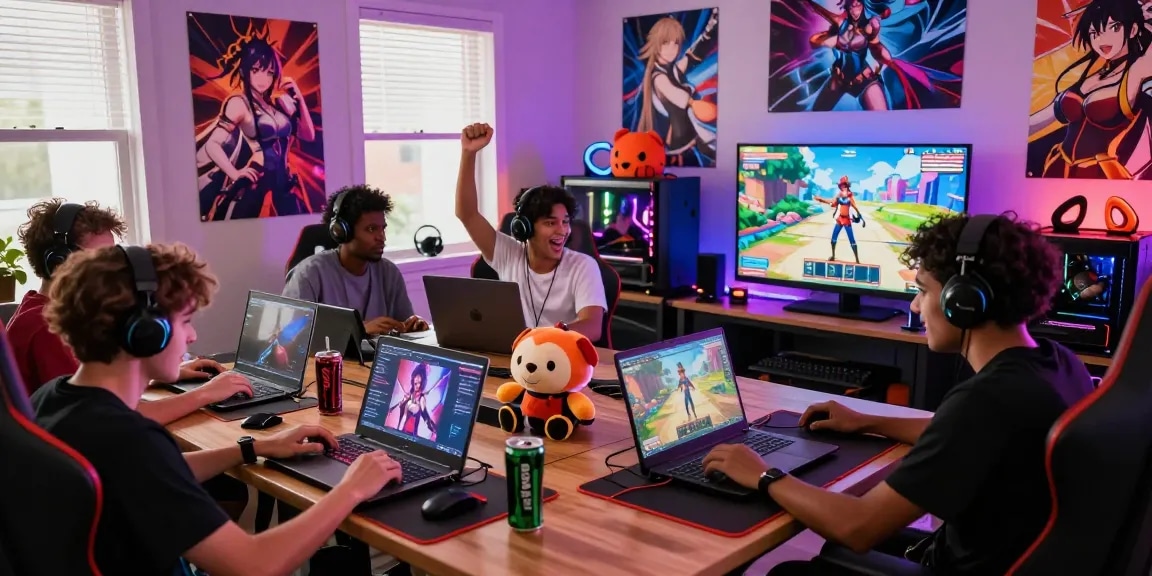 Gamers enjoying various hentai games in a lively gaming setup with colorful decor and anime characters.