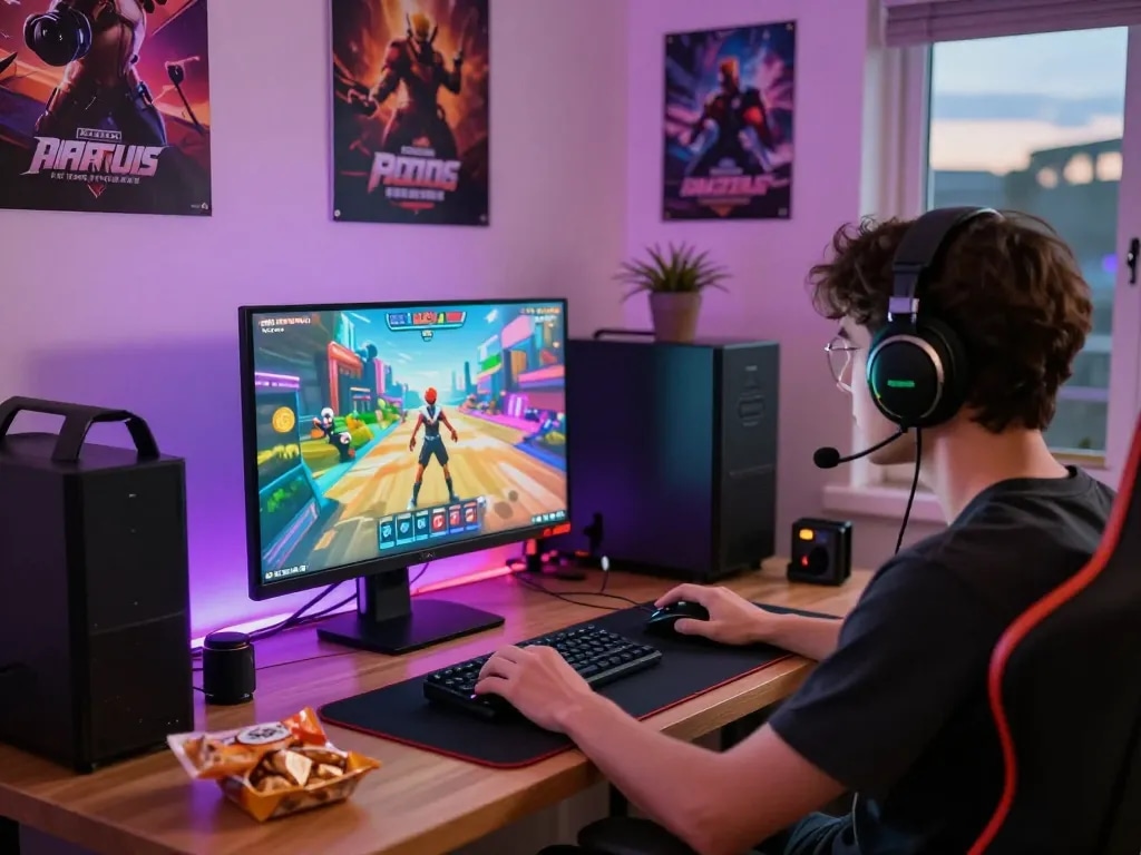 Enjoy thrilling porngame adventures in a vibrant, cozy gaming setup.