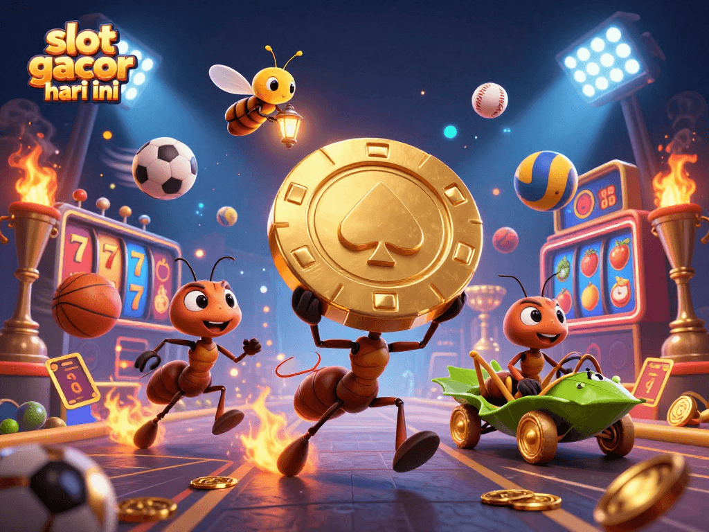 Engage with slot gacor hari ini through this dynamic illustration of an ant heist in a casino filled with golden details.
