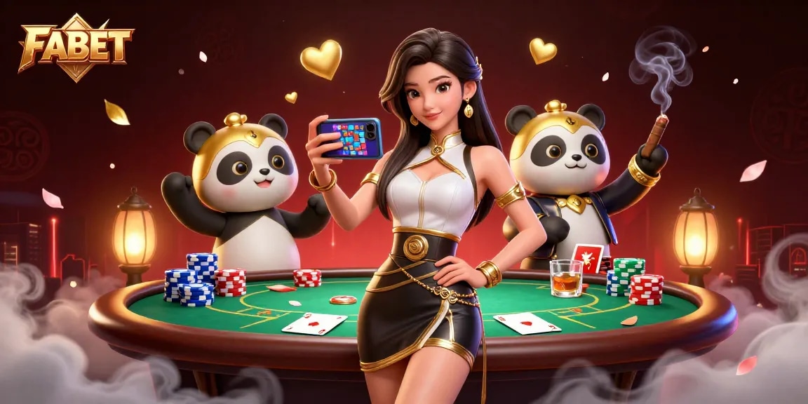 Experience exciting poker games at FABET with a vibrant scene featuring a stylish player and a golden panda mascot.
