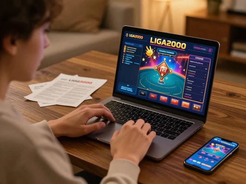LIGA2000 user engaging with online gambling setup, demonstrating strategic betting in a cozy environment.