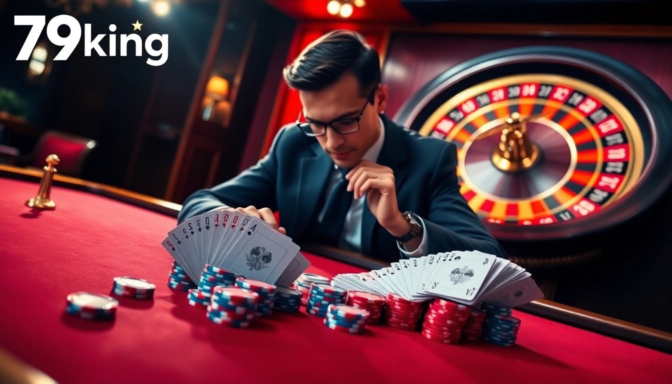 79king players strategizing at a luxurious poker table with vibrant roulette wheel in the background.