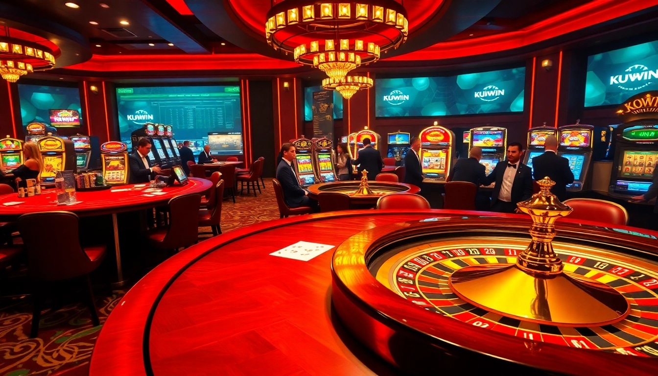 Exciting scene of gambling at KUWIN with poker table, roulette wheel, and vibrant players.