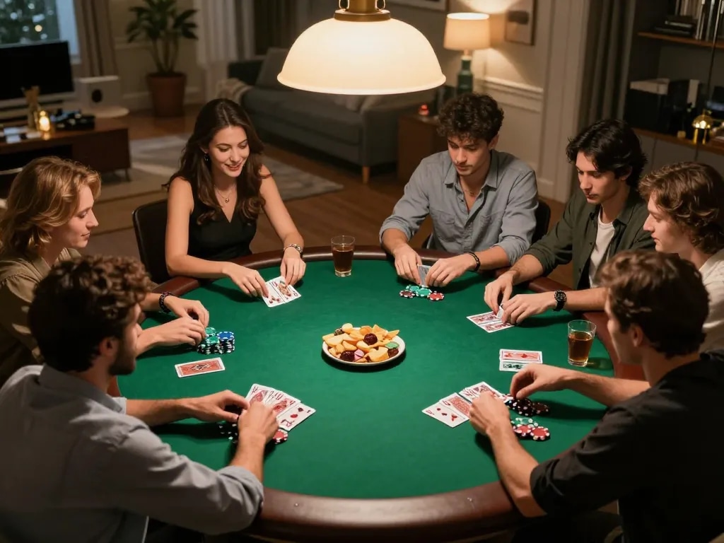 LIGA2000 LOGIN poker night with friends, strategic card play in a cozy home setting.