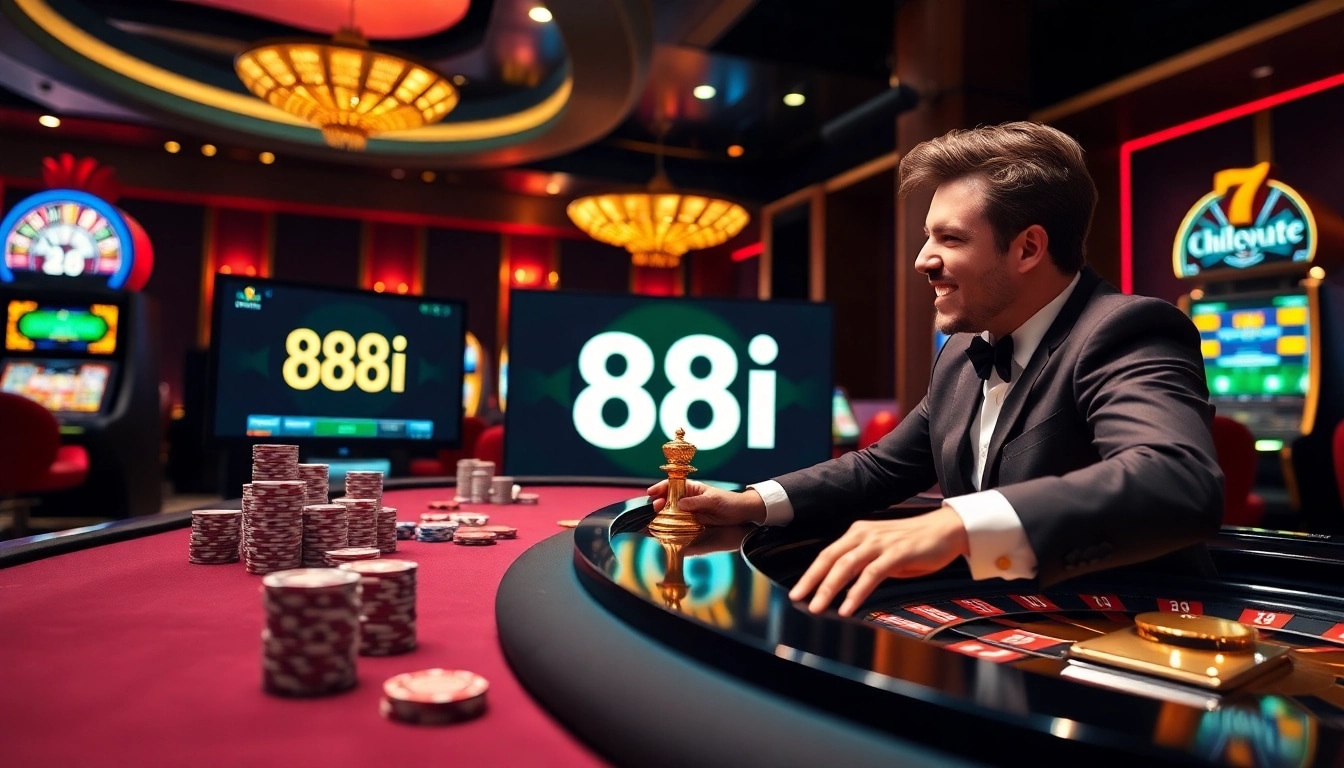 Excited gambler engaging in online gaming at a luxurious casino showcasing 88i.