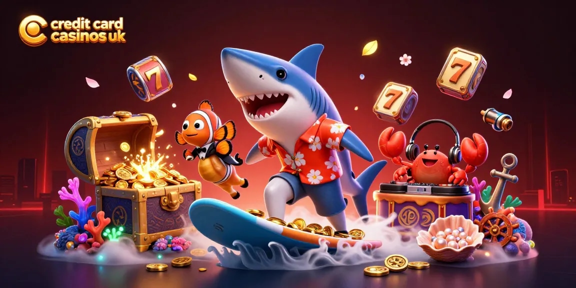 Engage with credit card casinos uk through a vibrant 3D scene featuring a surfing shark and a DJ crab amidst gold coins.