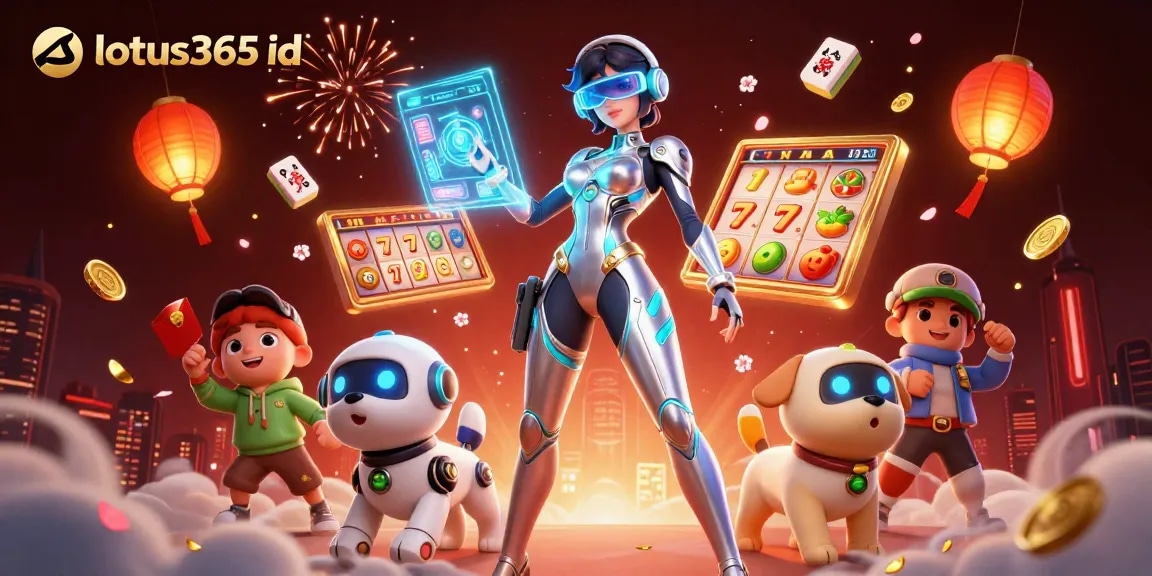 Engage with lotus365 id in a vibrant casino scene filled with slots, neon elements, and dynamic characters.