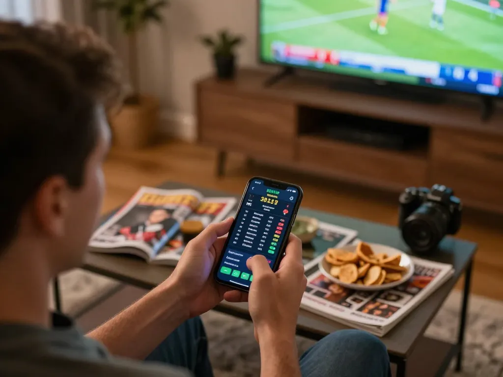 Person engaged with luongsontv60 sports betting app, analyzing odds and live match stats in a cozy home environment.