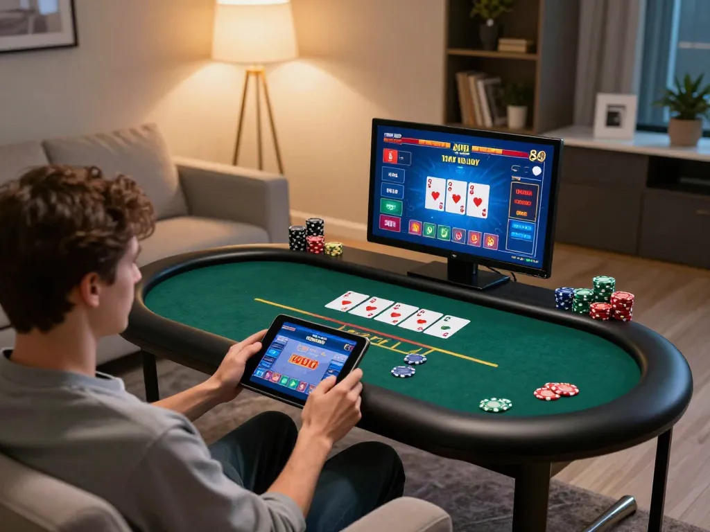 Player enjoying a poker game on 56win online casino app using a tablet in a cozy home setting