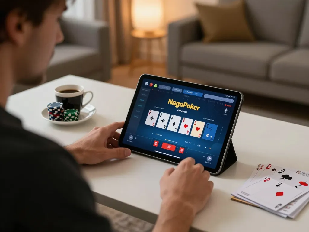 NagaPoker online poker scene with focused player and cards displayed on tablet.