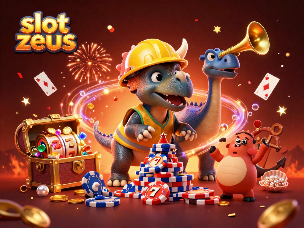 Experience the thrill of slot zeus with a vibrant 3D illustration capturing the excitement of a cartoon casino scene.