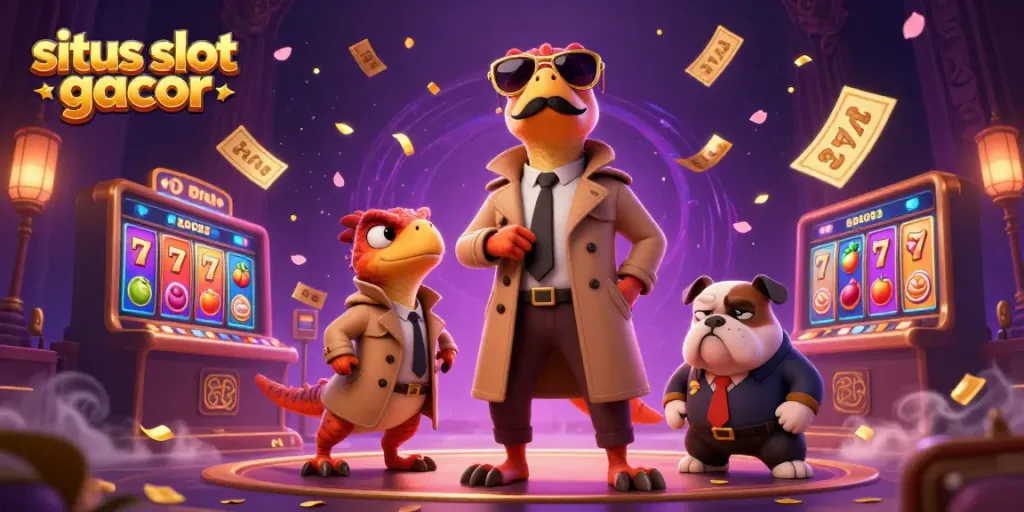 Gambarkan situs slot gacor dengan raptor kartun dan elemen kasino yang meriah.