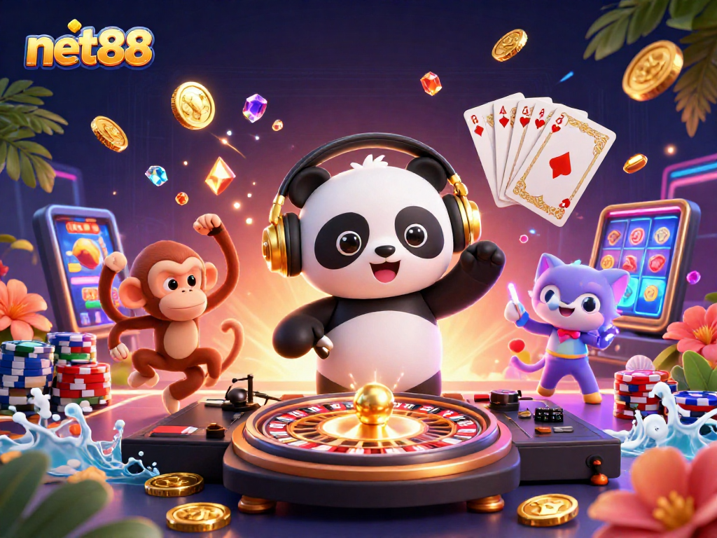 Experience the excitement of net88 with vibrant 3D characters set in a lively casino environment.