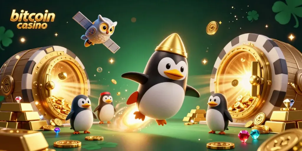 Experience the bitcoin casino excitement with a penguin blasting through space, surrounded by treasures.