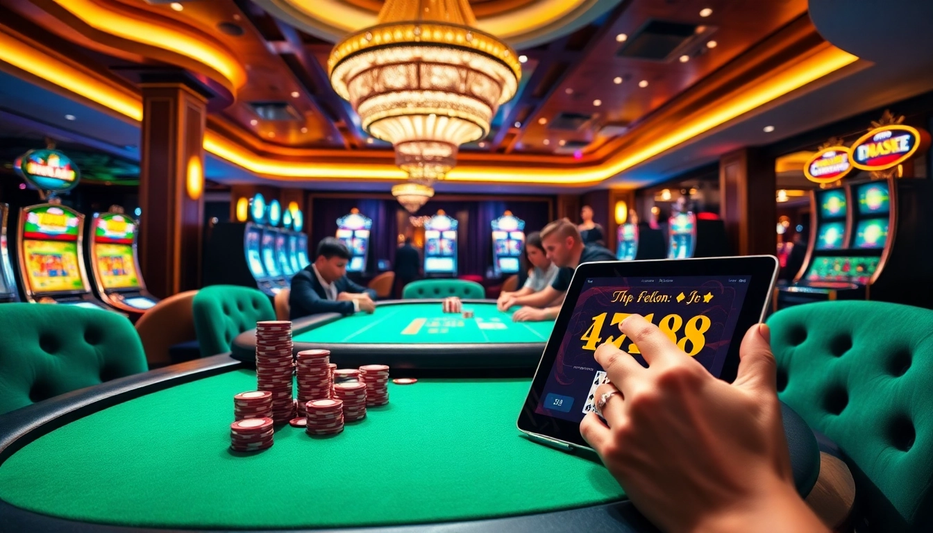Experience the thrill of bro138 login in a luxurious casino with vibrant gambling tables.