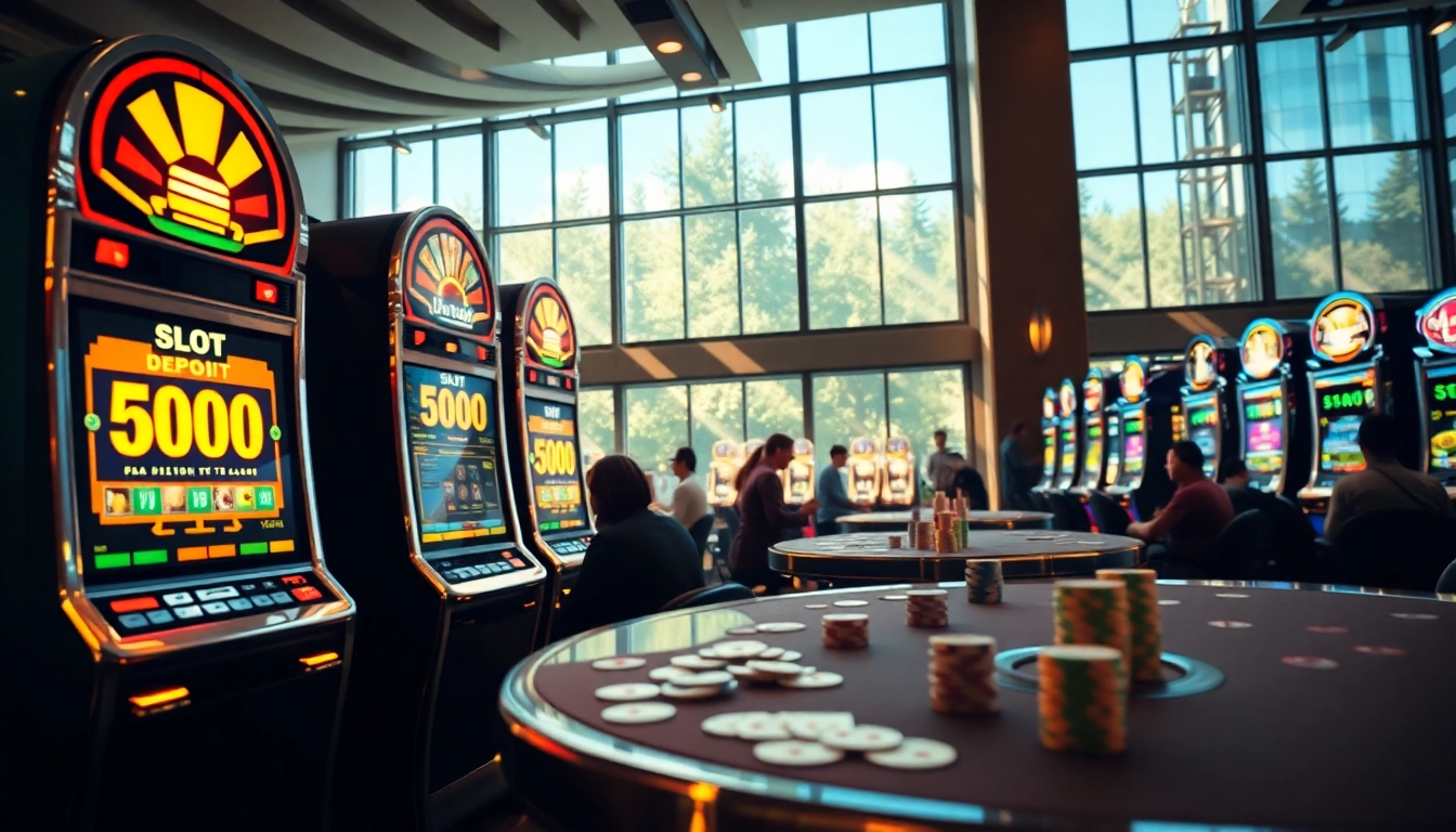 Menampilkan Slot deposit 5000 pada mesin slot di kasino yang ramai dan mengundang.