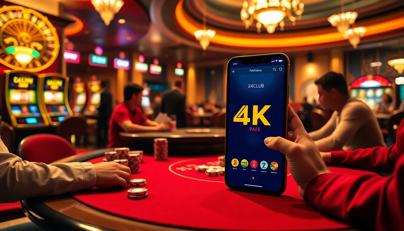 Gamblers excitedly using the 24kclub app in a luxurious casino setting with vibrant games and tables.