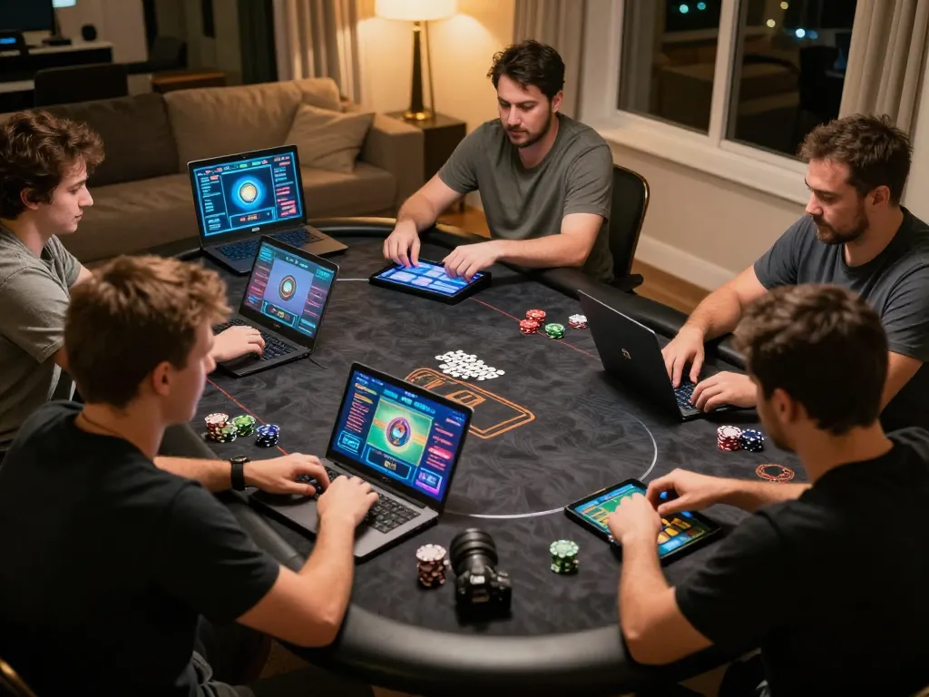 Engaged players at zkjj188 online poker tables, showcasing thrilling gameplay in a cozy home.